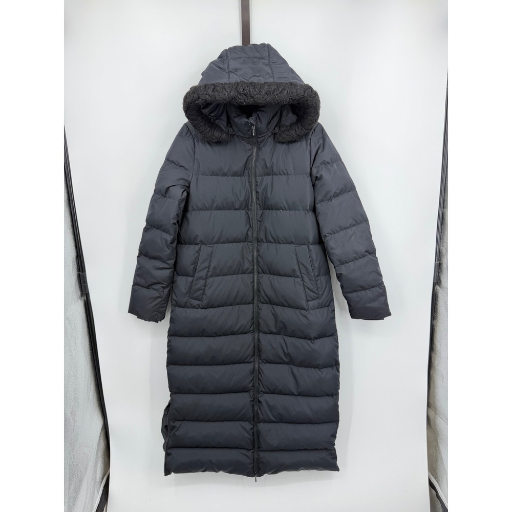 Lands' End Long Down Puffer Coat Women M Black Faux‎ Fur Trim Hooded Parka